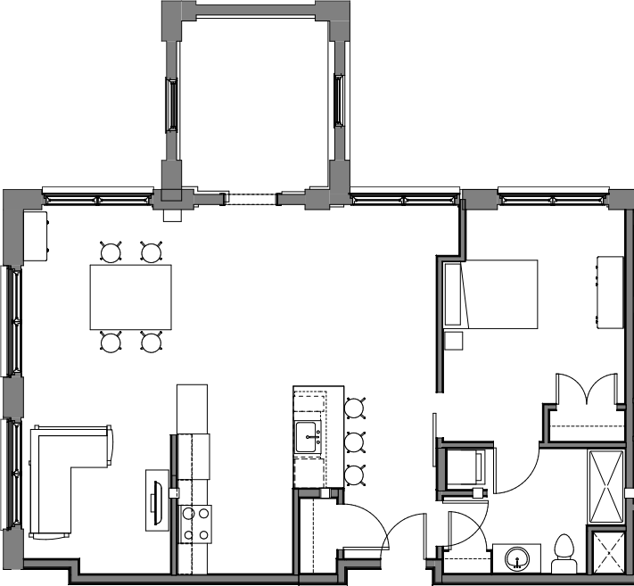 Floor plan for 1 bed, 1 bath, 1198 sqft